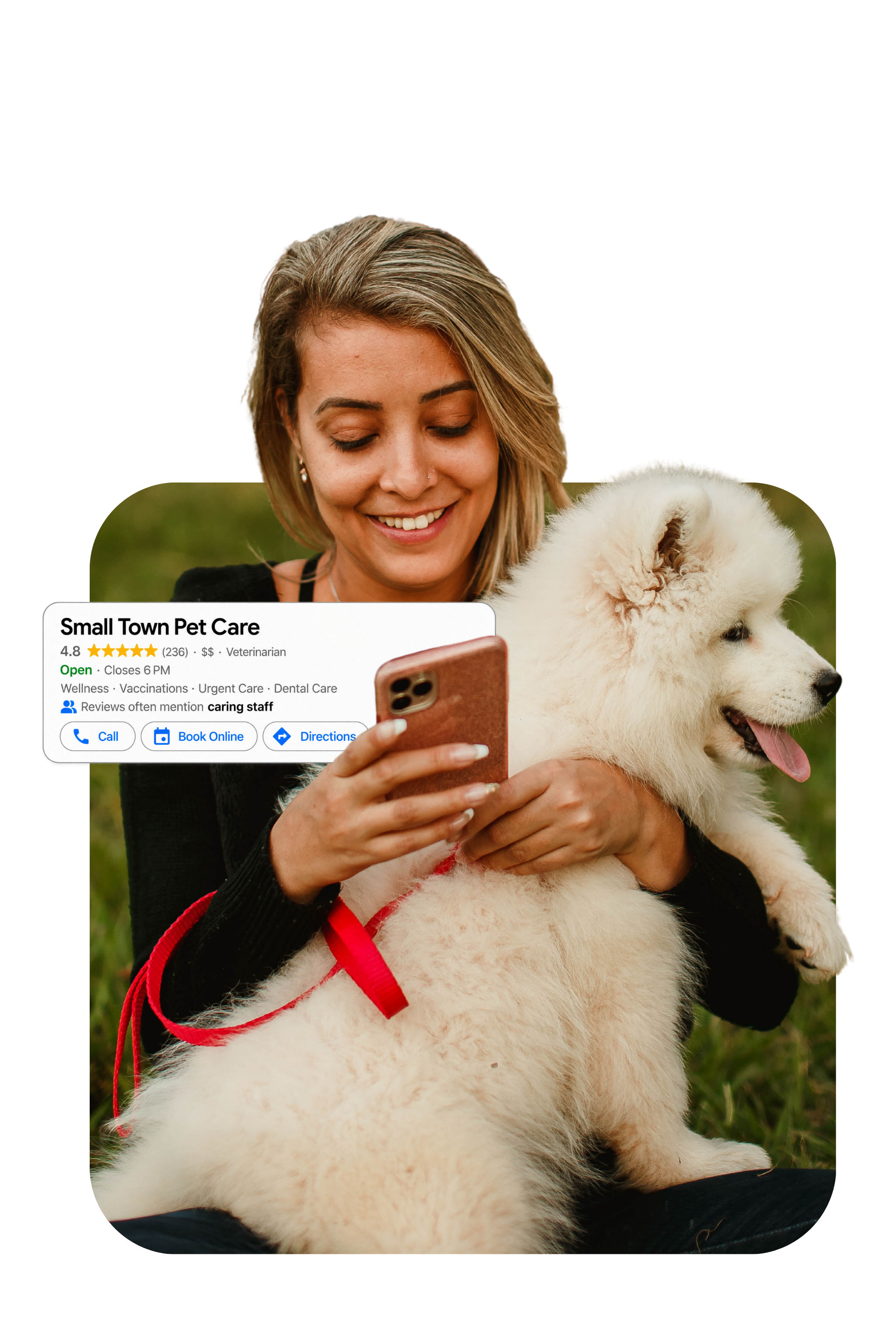 Woman on phone with her dog looking at veterinary ad